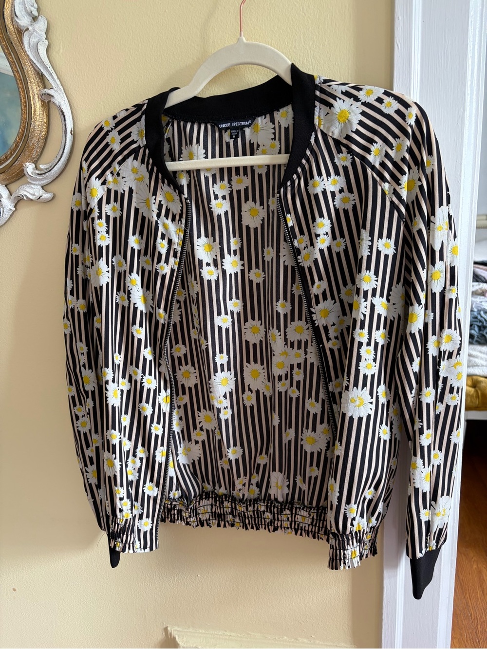Unique Spectrum Black & White Striped Daisy Bomber Jacket with Yellow Centers